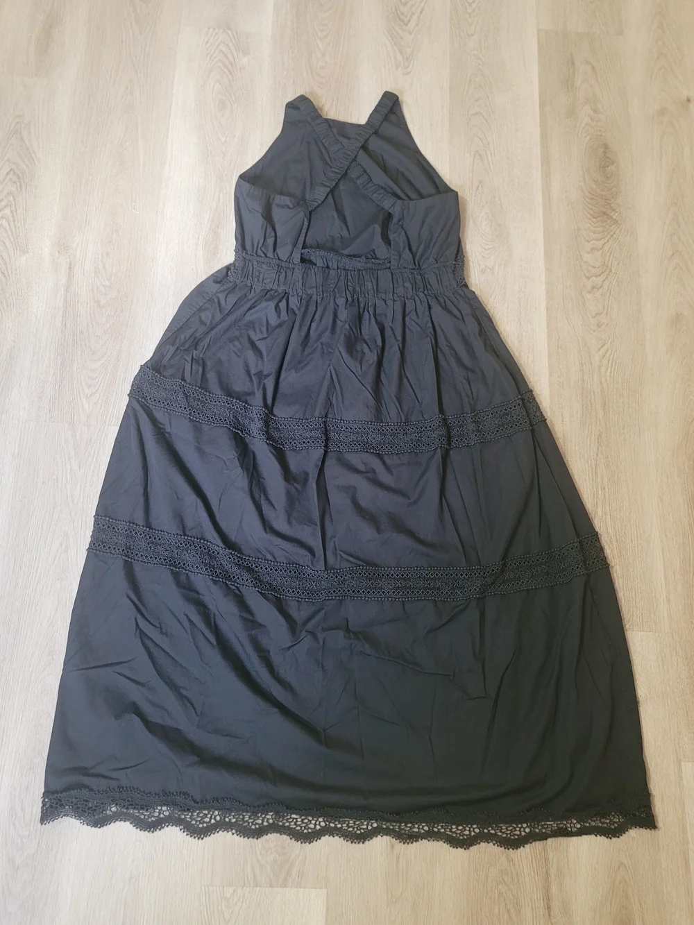 Abercrombie & Fitch Black Tiered Maxi Dress XL Pocket Crochet Cross Back Prairie